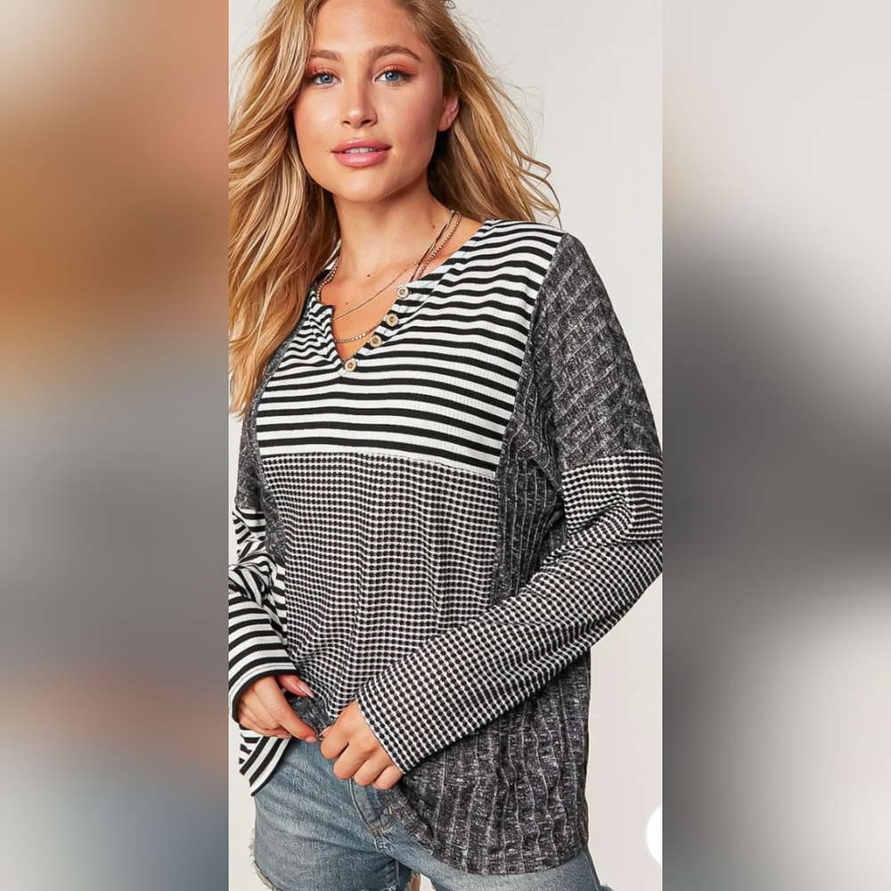 Plus Black & Ivory Rib Stripe Waffle Patchwork Color Block Top - Picture 1 of 4